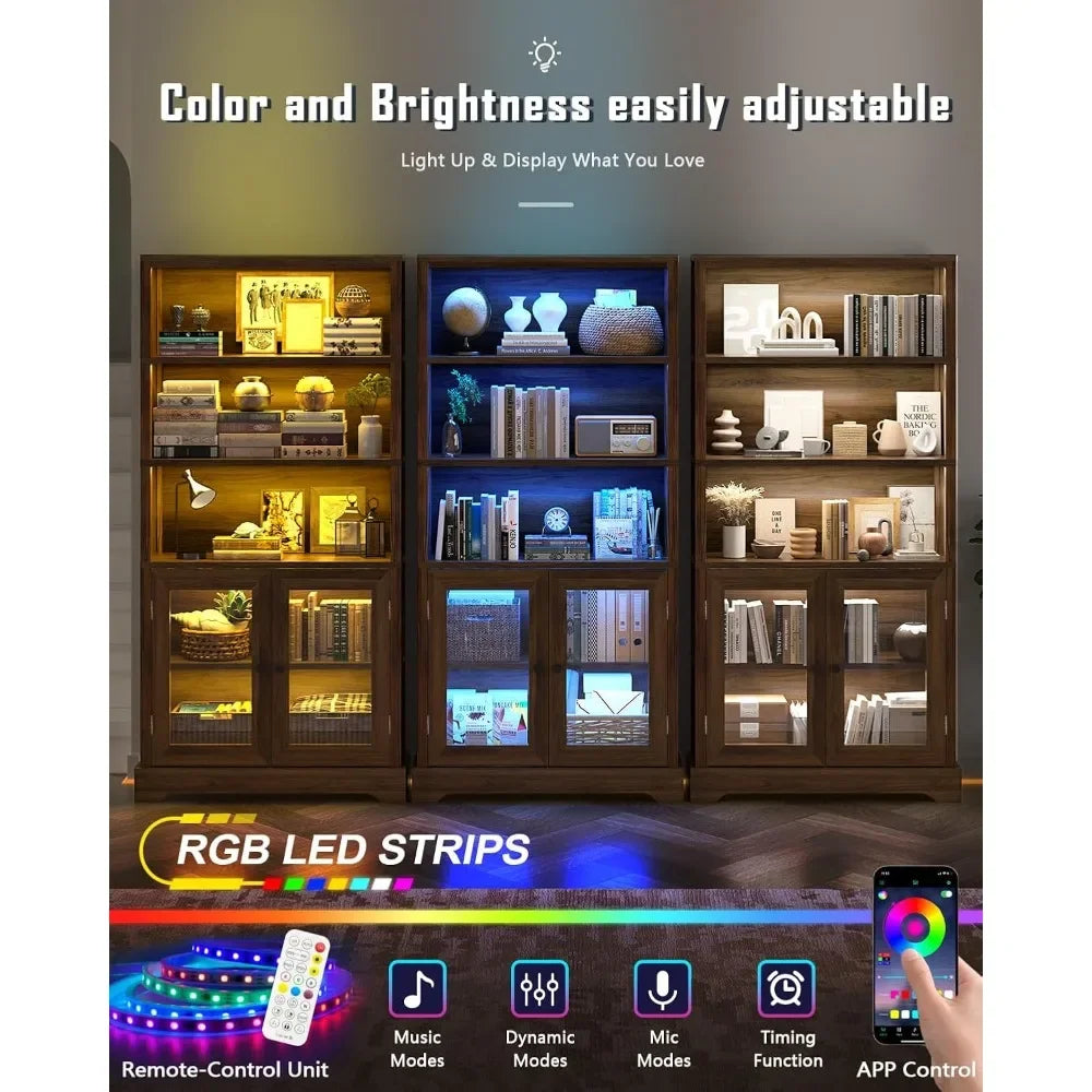 65" 5-Tier Bookshelf with Multi-Color Ambient Lights & APP Control, Tall Display Shelf with Doors, Rustic Brown for Living Room, Bedroom, Study
