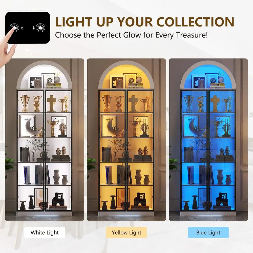 Display Cabinet with Doors and Adjustable Shelves, 76 Tall Display Case with LED Lights Arch Storage Space, 6 Tier Bookcase for