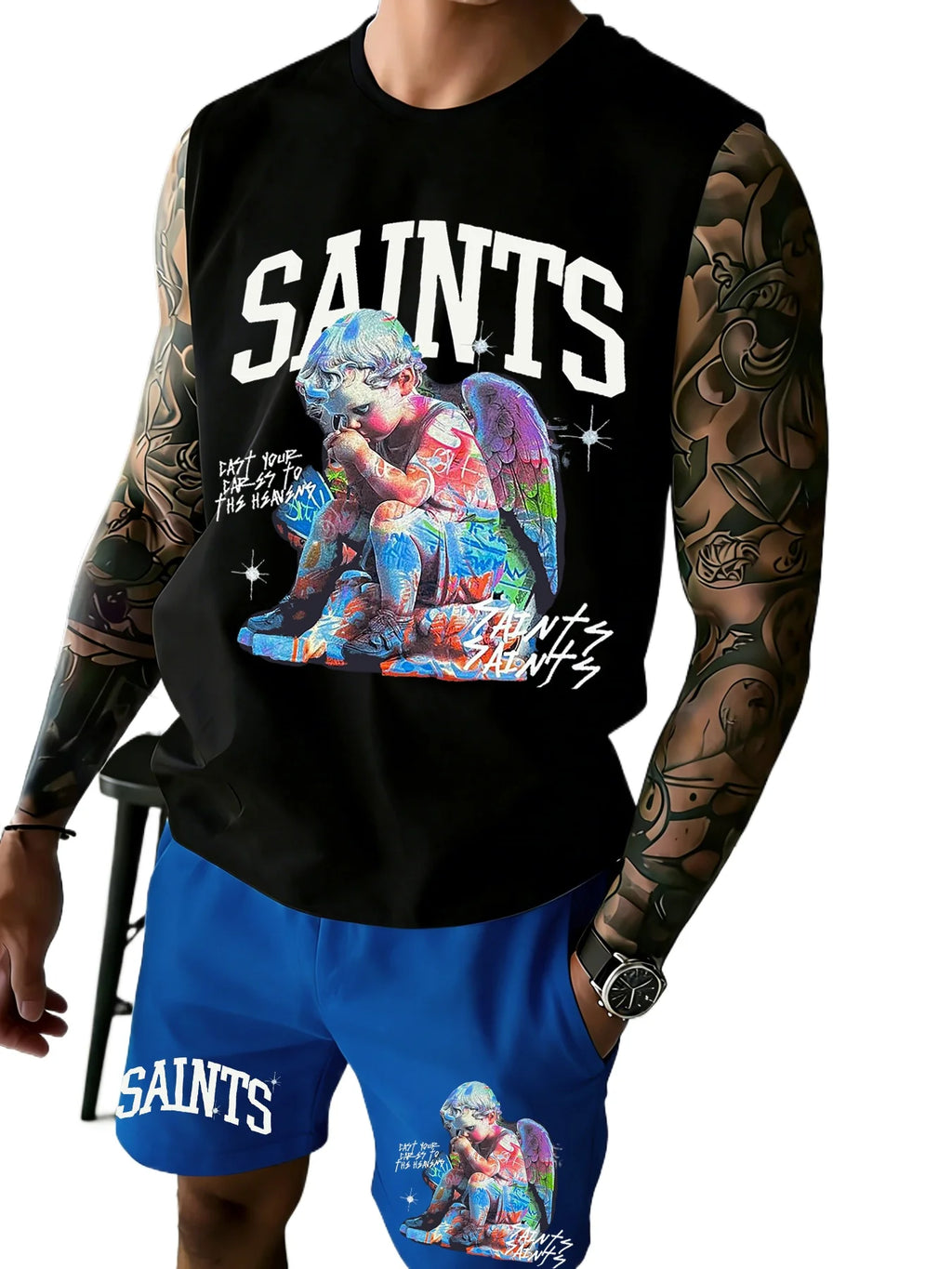 Men's Printed Sleeveless Tank Top and Shorts Set: Casual, Sports, and Leisure Summer Outfits