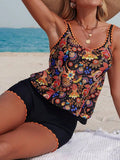 Boho Paisley Print Camisole Bikini Top With Orange Trim Hipster Bottoms Two Piece Beachwear Set