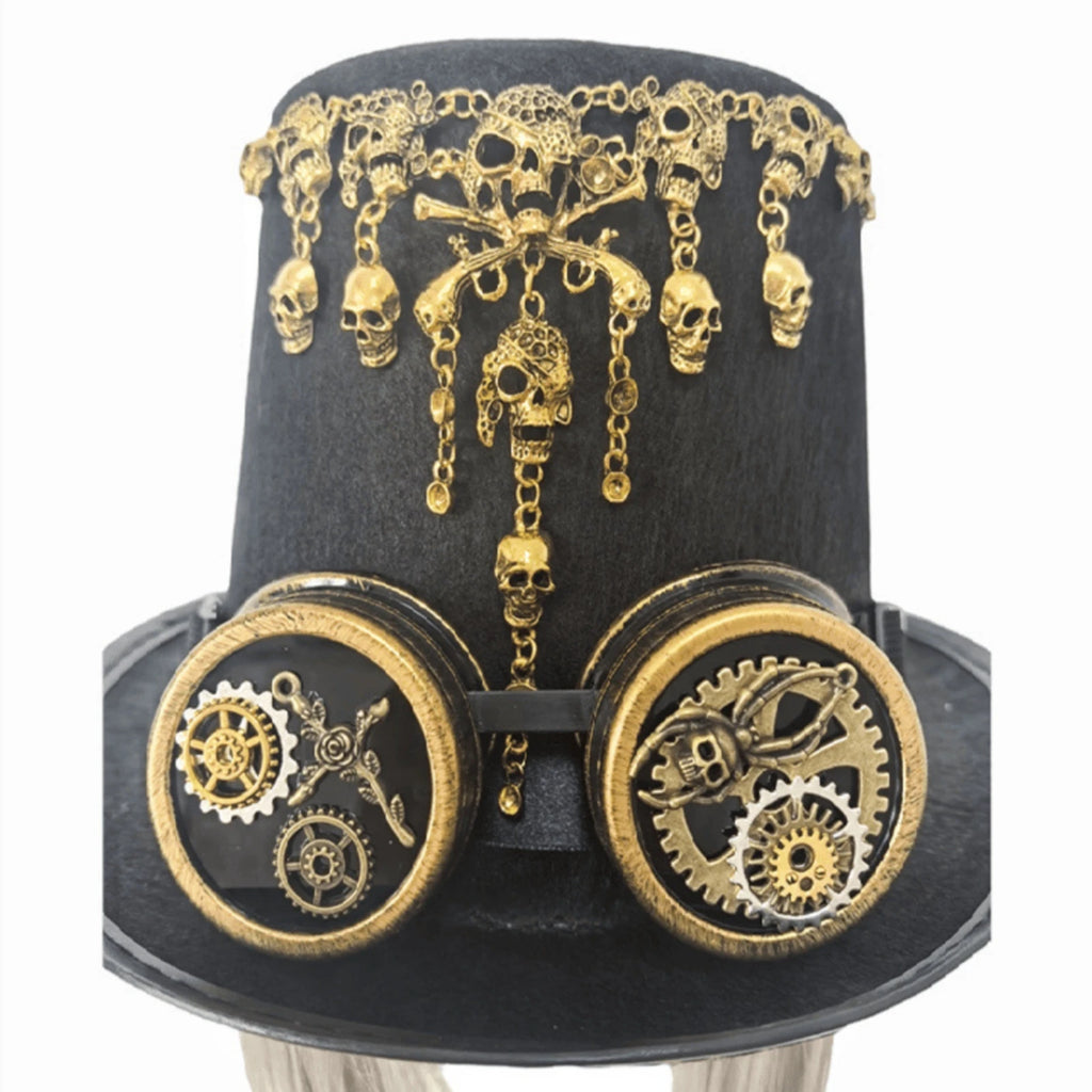 Gothic Steampunk Hat Gold-Toned Steampunk Top Hat Headwear Tall Crown
