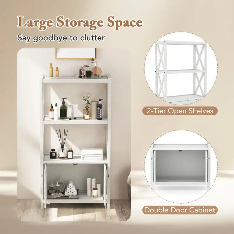 Bathroom Storage Cabinet with Open Shelves and Double Doors-White