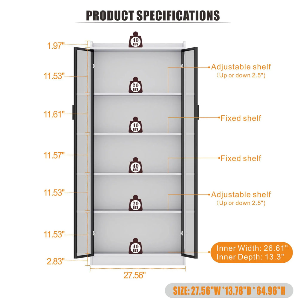 65 Inch Tall Display Cabinet With Glass Doors LED Lighting Adjustable Shelves 5 Tier Bookcase For Living Room Bedroom Office