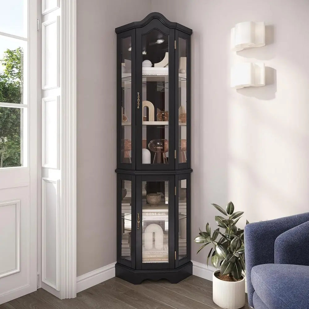Lighted 3-Side Glass Display Curio Cabinet w/Tempered Glass Doand Shelves, Curved Wood Cabinet with Bulb, Storage Rack or Living