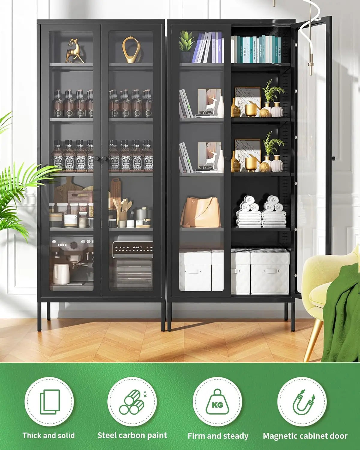 Display Cabinet with Glass Doors,67” Metal Display Curio Cabinet with Glass Doors and 4 Adjustable Shelves for, Customized