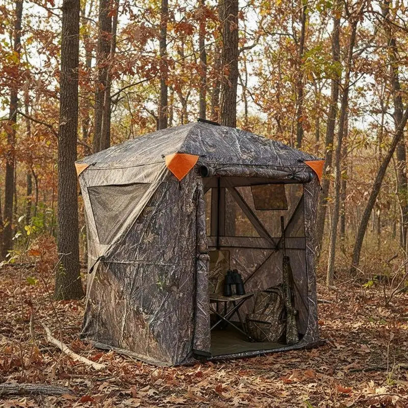 Ground Hunting Tent 60x60x66 Inches For Deer Hunting Turkey Season Archery, 270 Degree One Way Mirror Vision 3 Horizontal Windows Resilient Fabric Portable Carrying Bag Pop Up Design 1-2 Person Capacity 300D Oxford Cloth Outdoor Concealment Gear