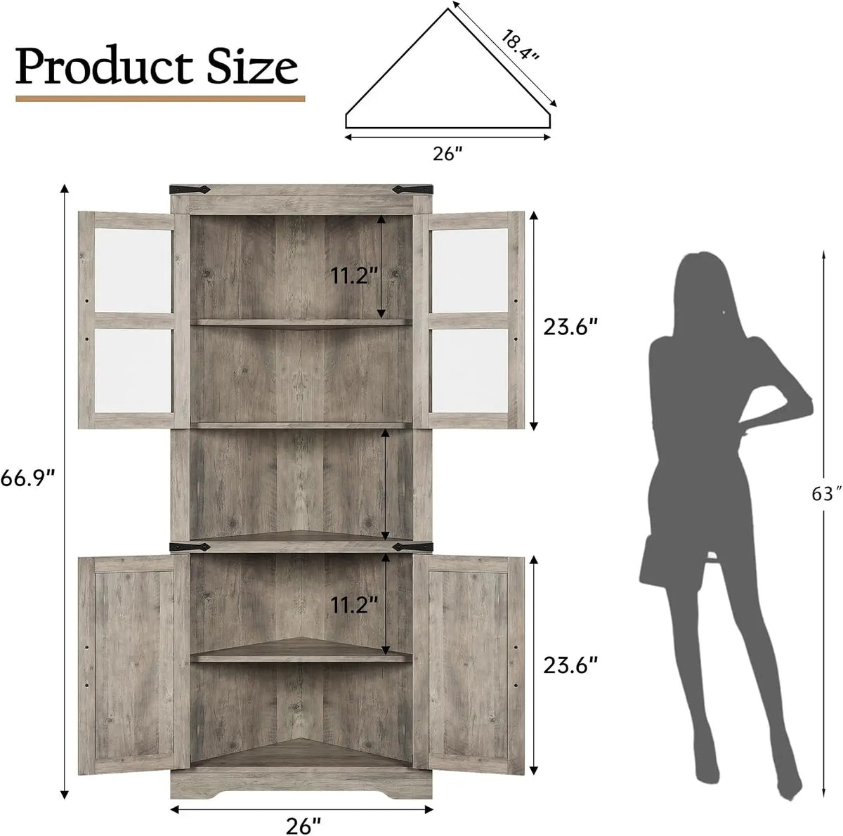 Tall Corner Storage Cabinet with Lights, Farmhouse Hutch Display, Glass Doors, Wood Organizer for Kitchen Living Room, Washed Grey