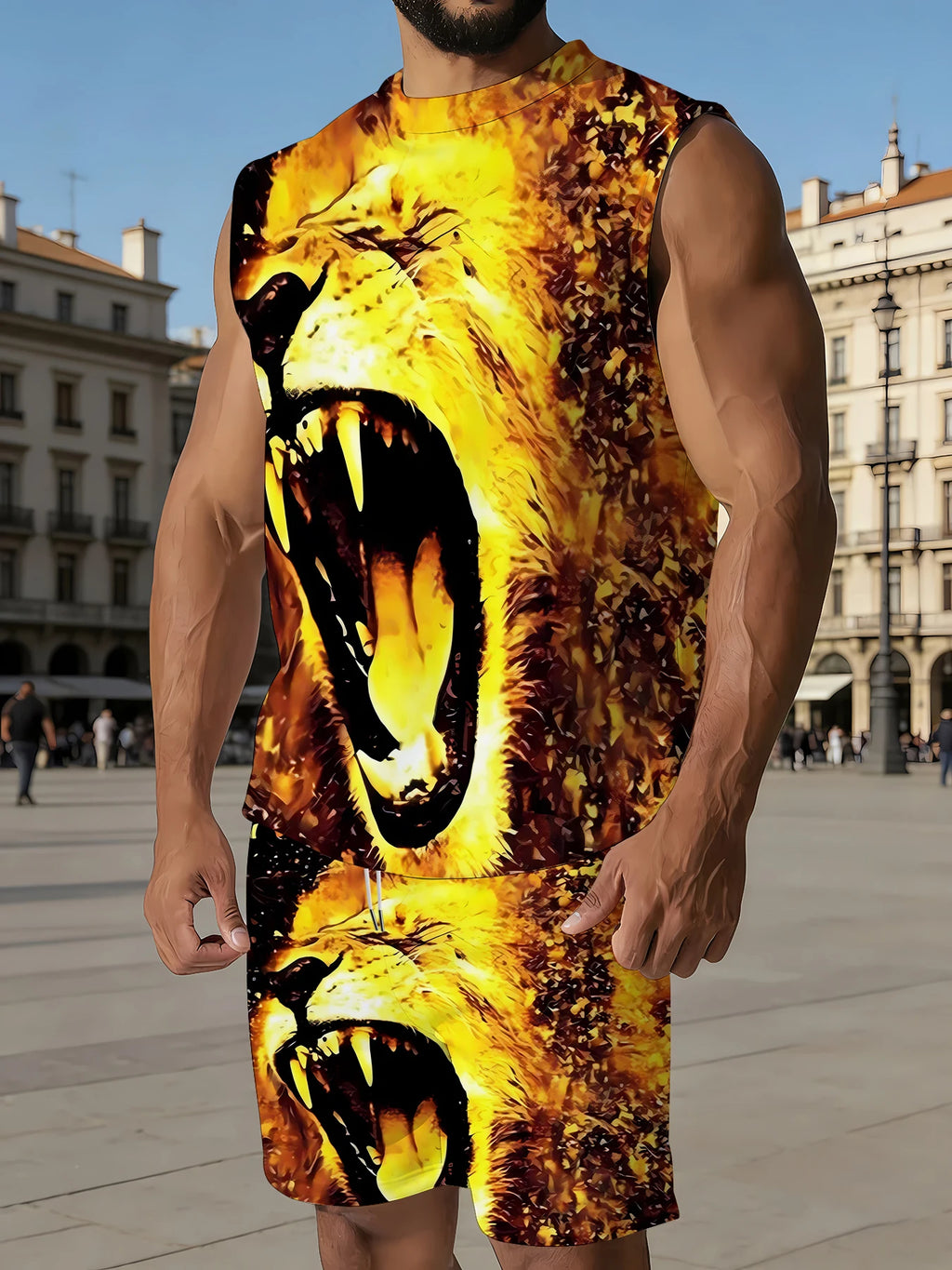 Men's V-Neck Tank Top and Shorts Set Lightweight Polyester Homewear Vacation Outfit Standard Fit