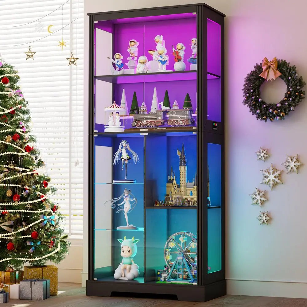 Lighted Corner Display Curio Cabinet Wooden Curved Shelving Unit with Tempered Glass Door, Bar and Liquor Storage Area with 6 S