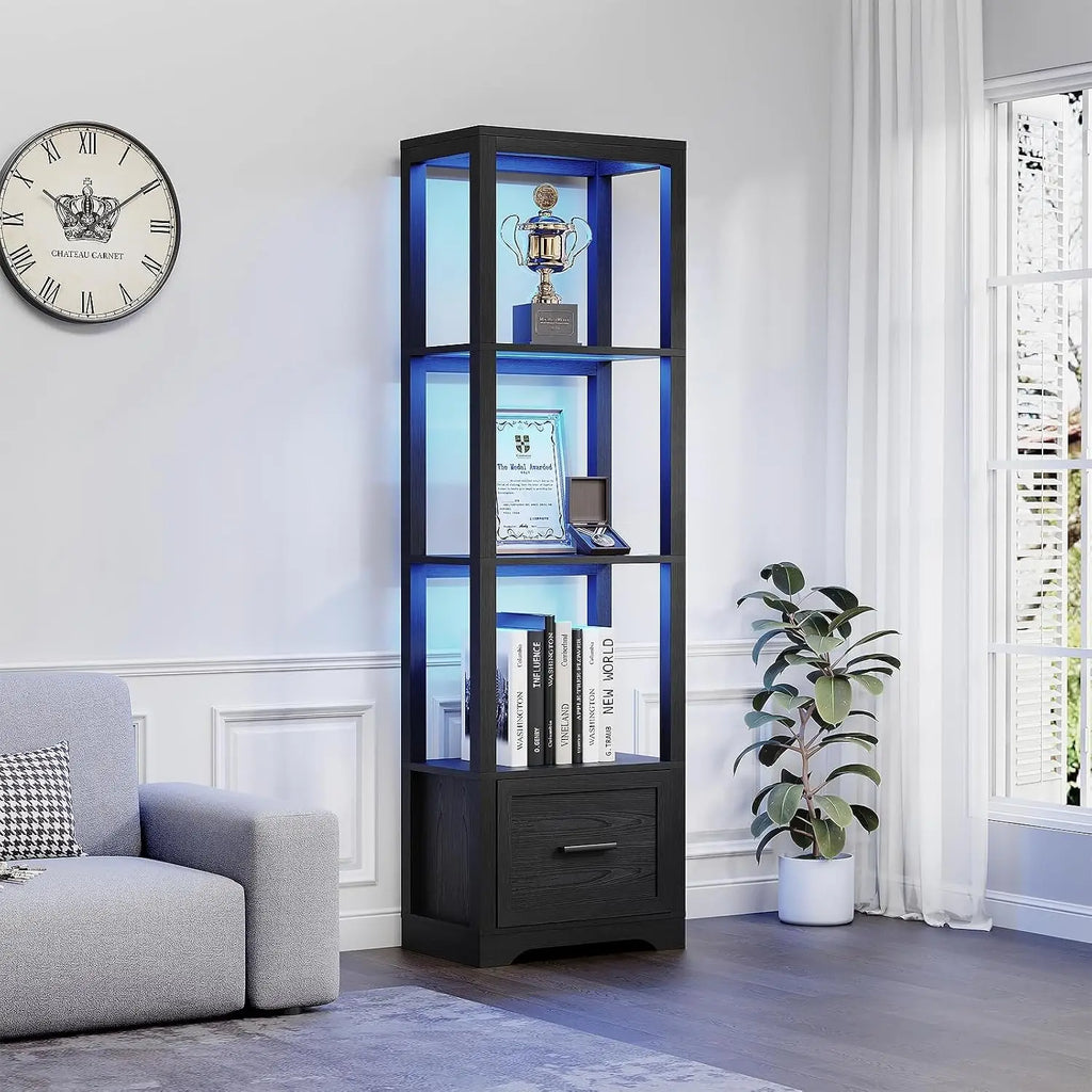 3-Color LED Display Shelf with Drawer, Dimmable Bookshelf for Collectibles, Books, Trophies, Black