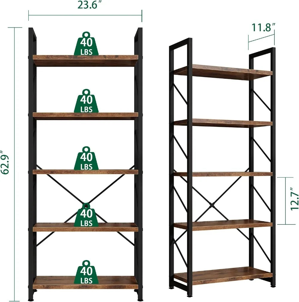 5-Tier Bookshelf, Tall Industrial Book Rack, Modern Book Holder for Living Room, Home Office, Storage Shelves