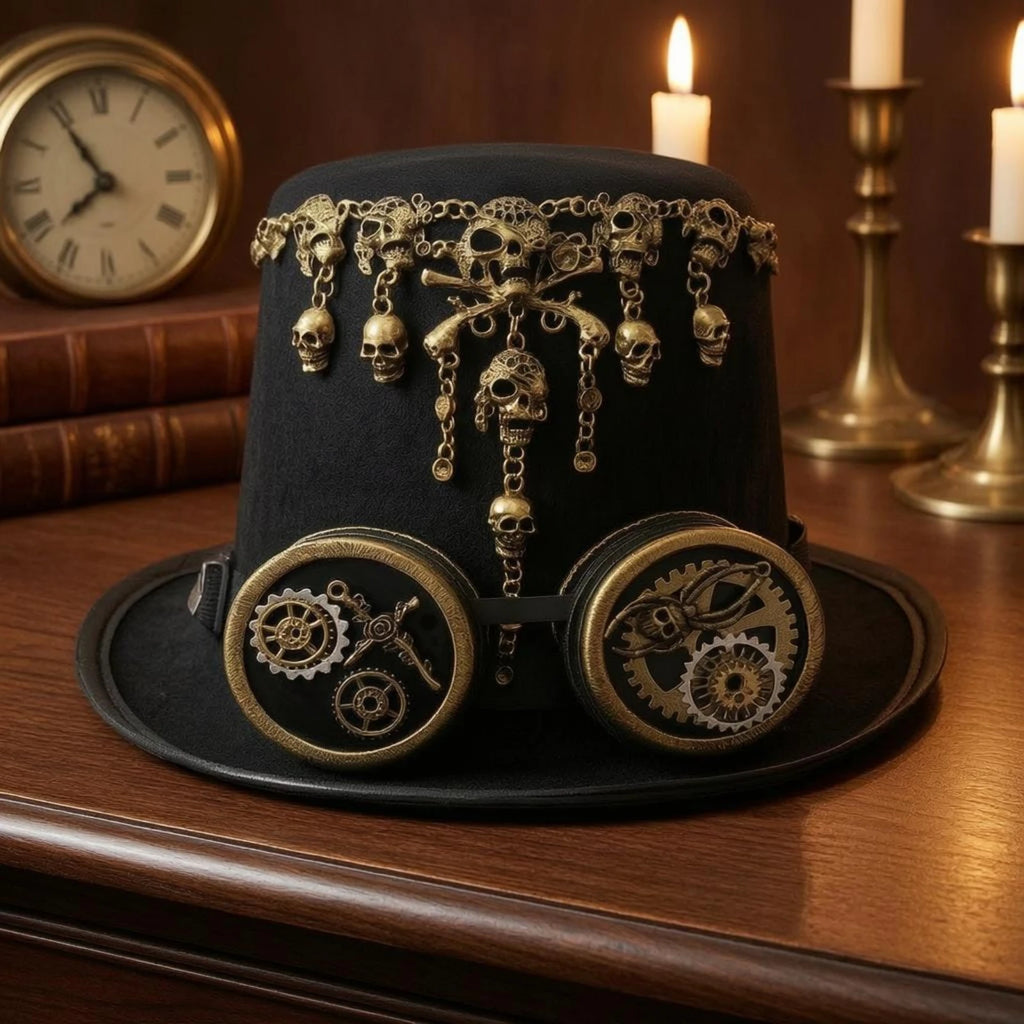 Gothic Steampunk Hat Gold-Toned Steampunk Top Hat Headwear Tall Crown