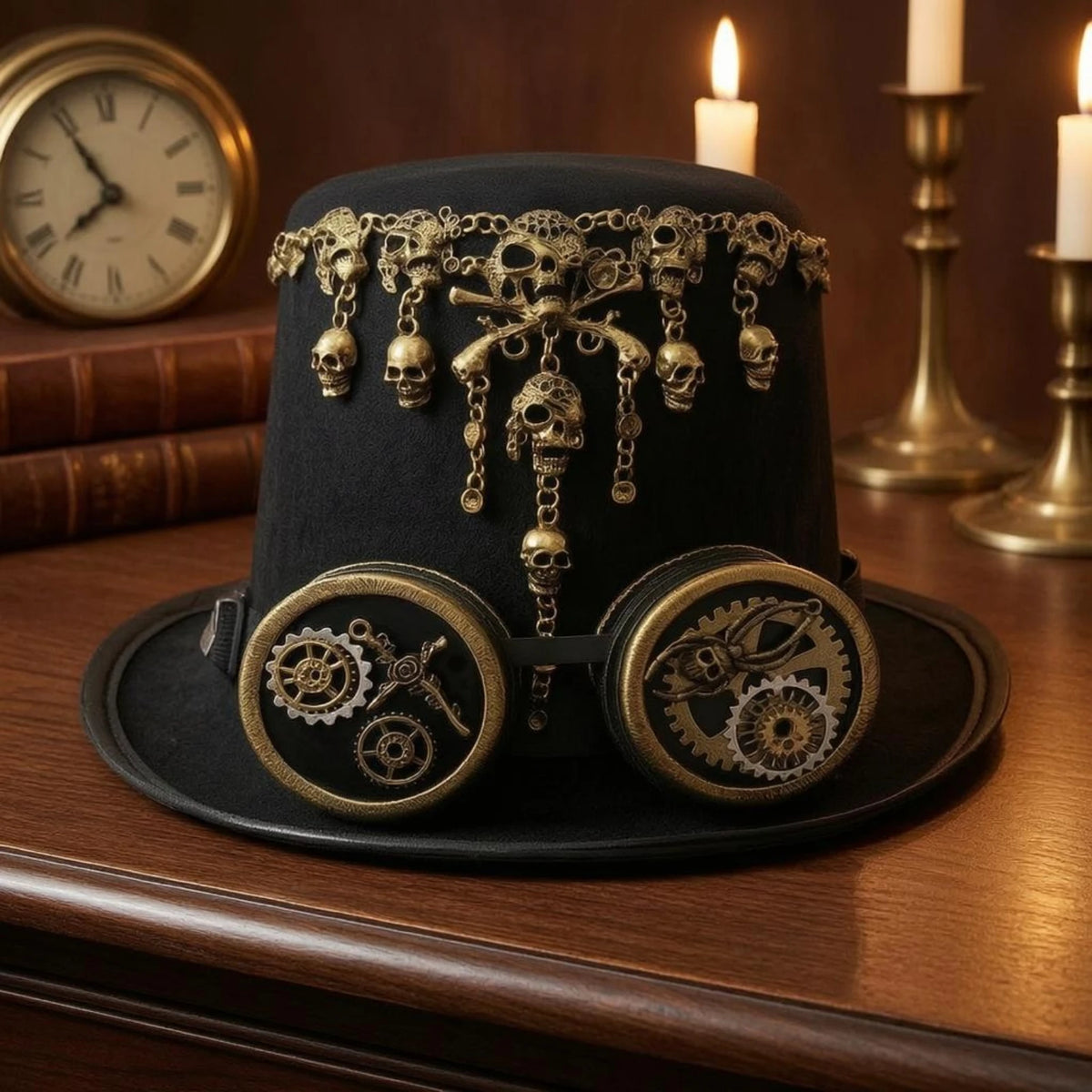 Gothic Steampunk Hat Gold-Toned Steampunk Top Hat Headwear Tall Crown