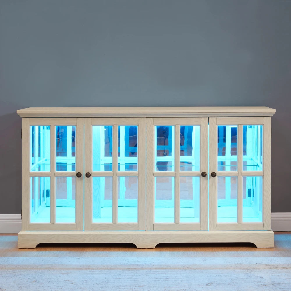LED Curio Display Cabinet Vintage Showcase with Glass Doors Adjustable Shelves for Home Office Four Door Design