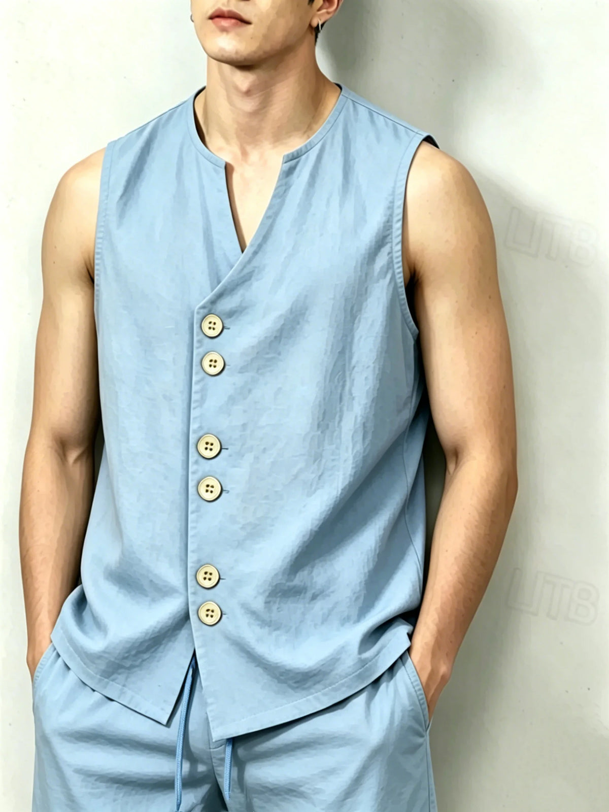 Men's Linen-Look Sleeveless Shirt & Shorts Set