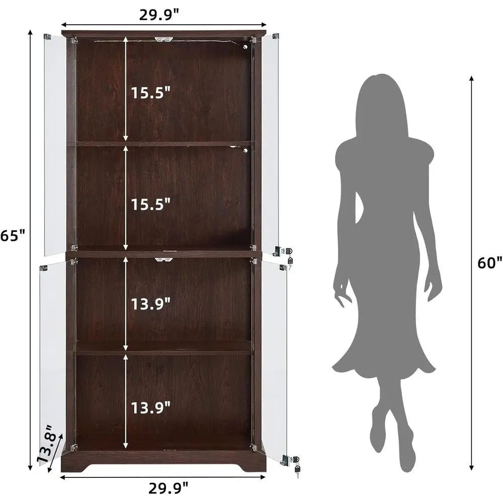 Walnut Glass Display Cabinet with 3-Color LED Motion-Sensor Light
