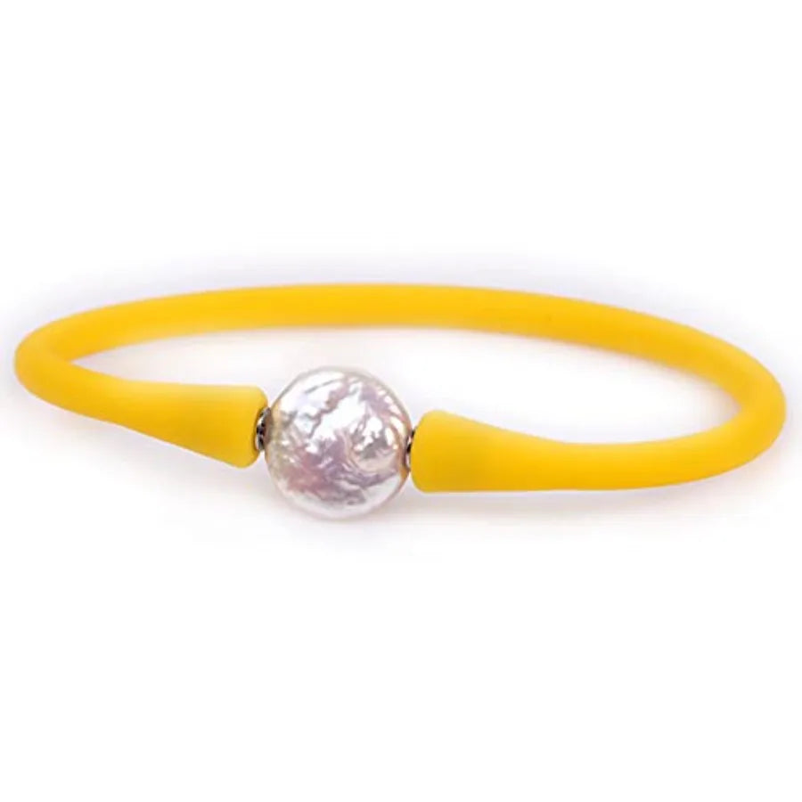Quality Assurance GEM-Inside Big 13mm Real Coin Pearl Bridesmaid Yellow Stackable Silicone Rubber Stretch Freshwater Cultured P