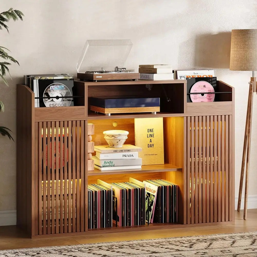 Elegant Vinyl Record Storage Cabinet, Holds Over 1500 Records, with Sliding Doors, Charging Station, LED Lighting, Brown