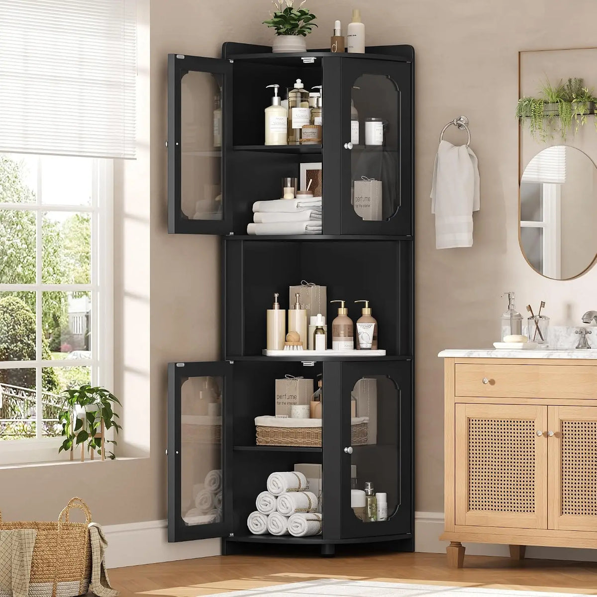 69" Tall Corner Storage Cabinet with Glass Doors, 5-Tier Display Shelf for Small Spaces, Modern Bookshelf for Living Room, Home Office, Kitchen, Black