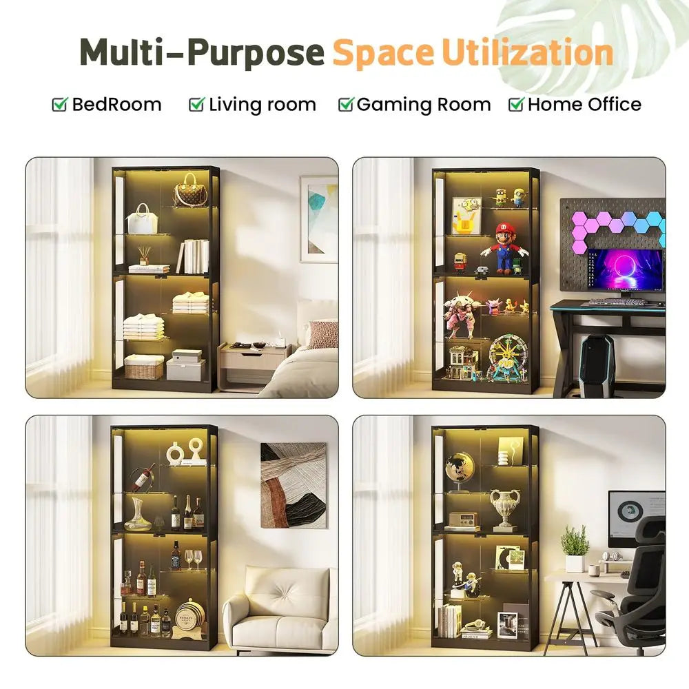 Display Cabinet with Glass Doors 69 Curio Cabinet for Collectibles with RGB LED Lights and Adjustable Shelves, Glass Display Ca