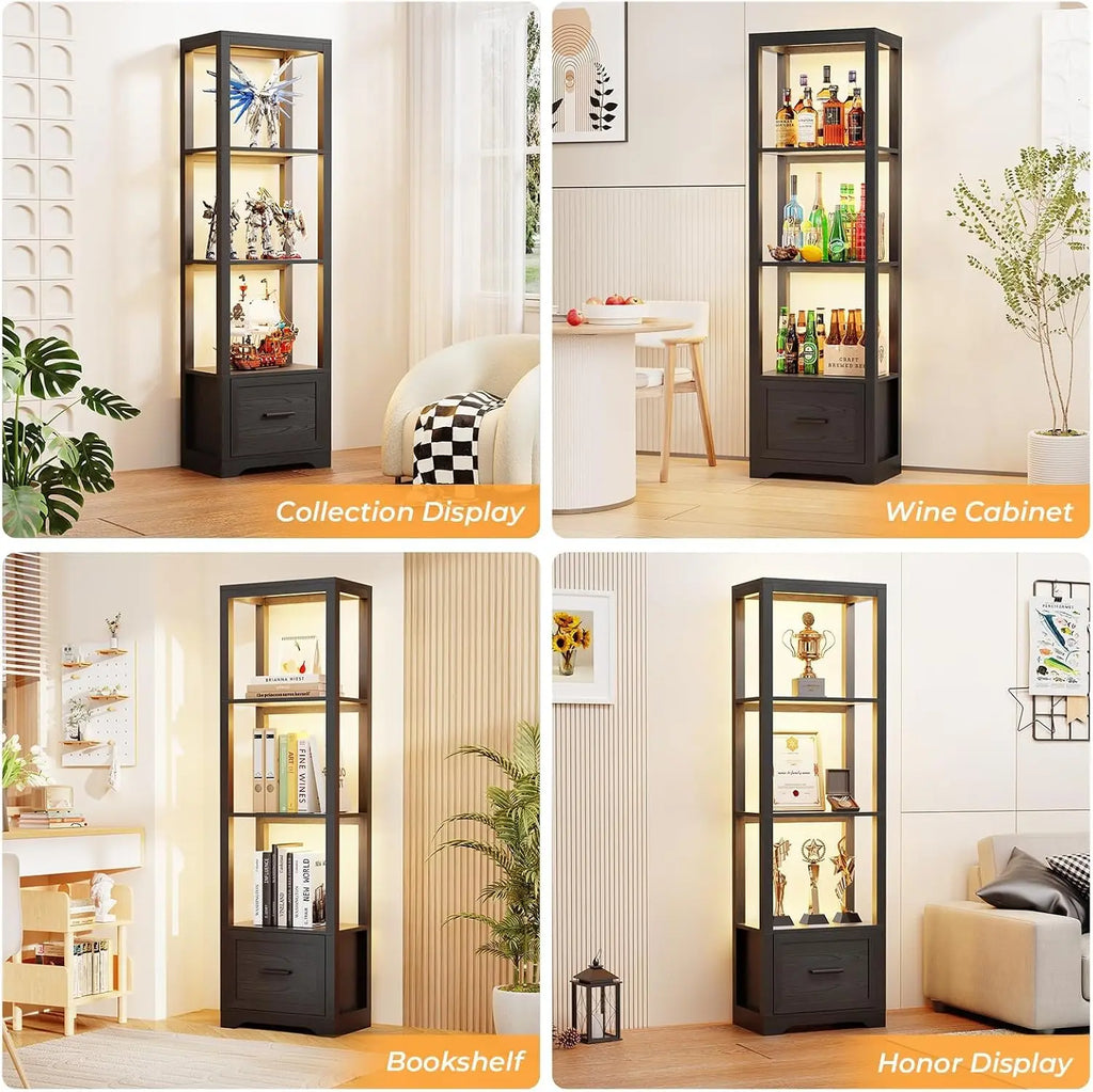 3-Color LED Display Shelf with Drawer, Dimmable Bookshelf for Collectibles, Books, Trophies, Black