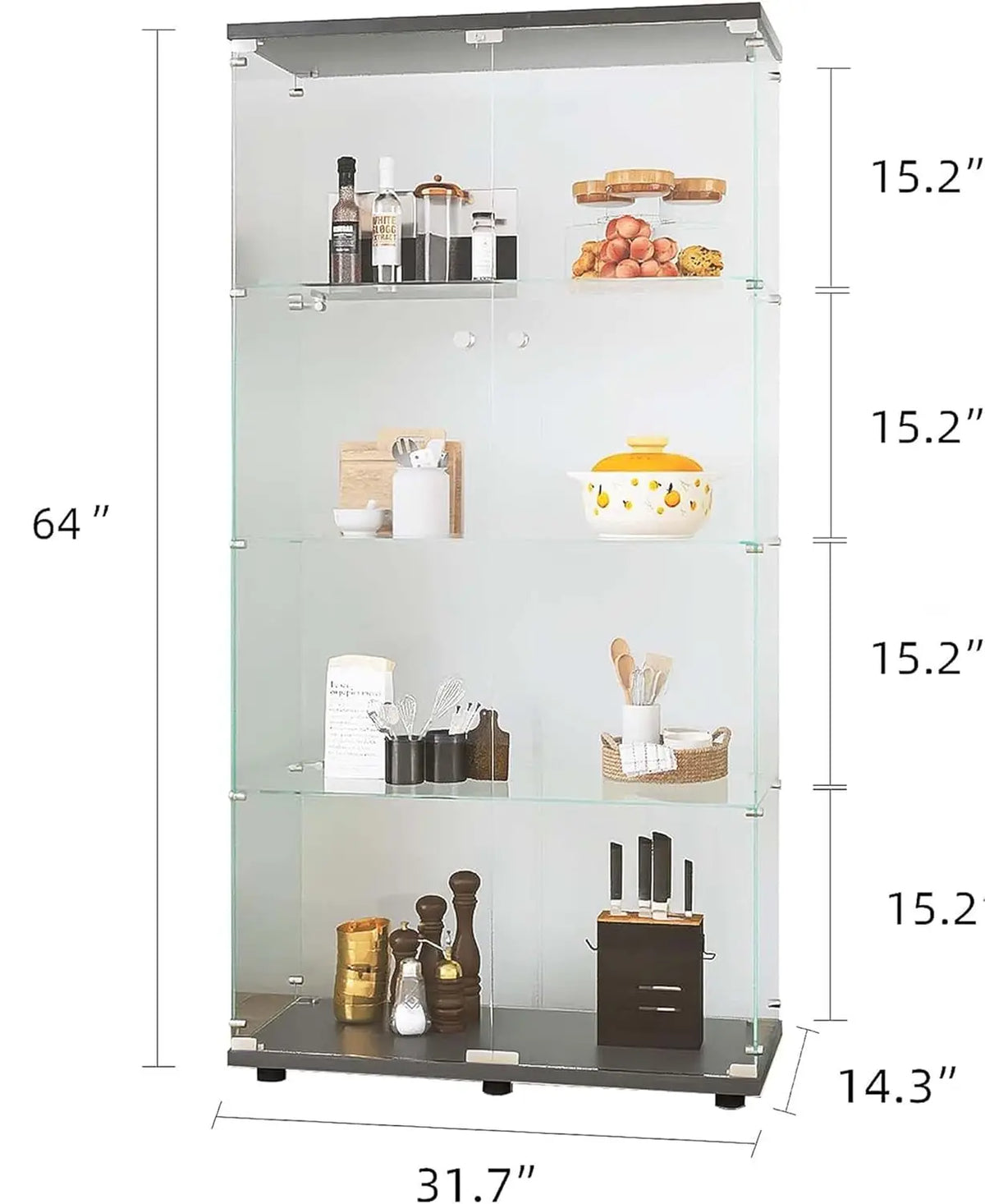 Glass Display Cabinet 4-Shelf with Double Door, Curio Display Cabinet with 5mm Tempered Glass, Floor Standing, Customized