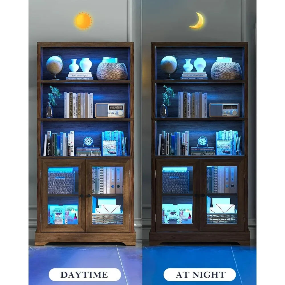 65" 5-Tier Bookshelf with Multi-Color Ambient Lights & APP Control, Tall Display Shelf with Doors, Rustic Brown for Living Room, Bedroom, Study