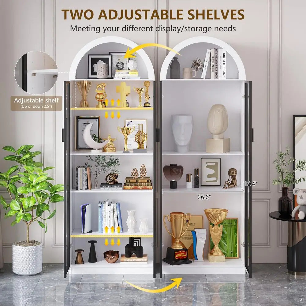 Display Cabinet with Doors and Adjustable Shelves, 76 Tall Display Case with LED Lights Arch Storage Space, 6 Tier Bookcase for