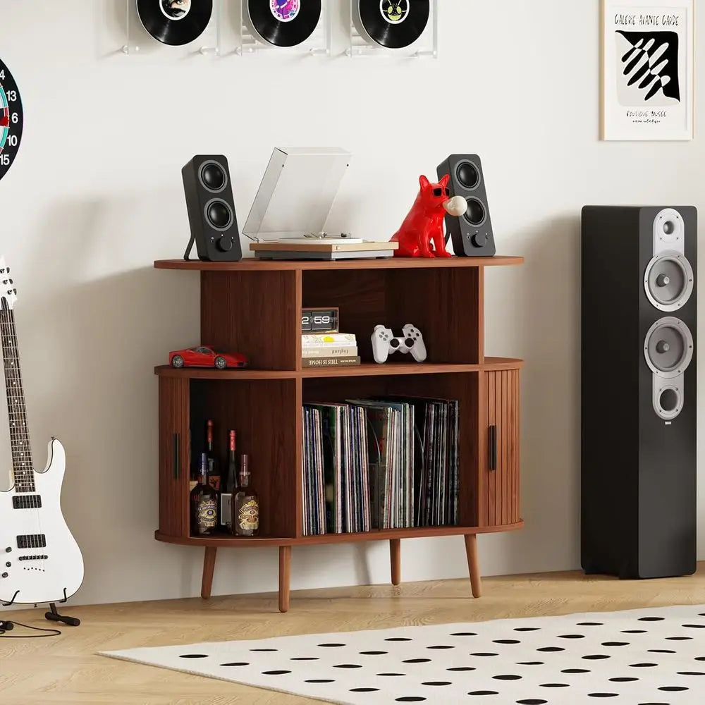 Large Round Vinyl Storage Cabinet for 150+ Records, Living Room/Bedroom Media Stand with Display Shelf in Walnut