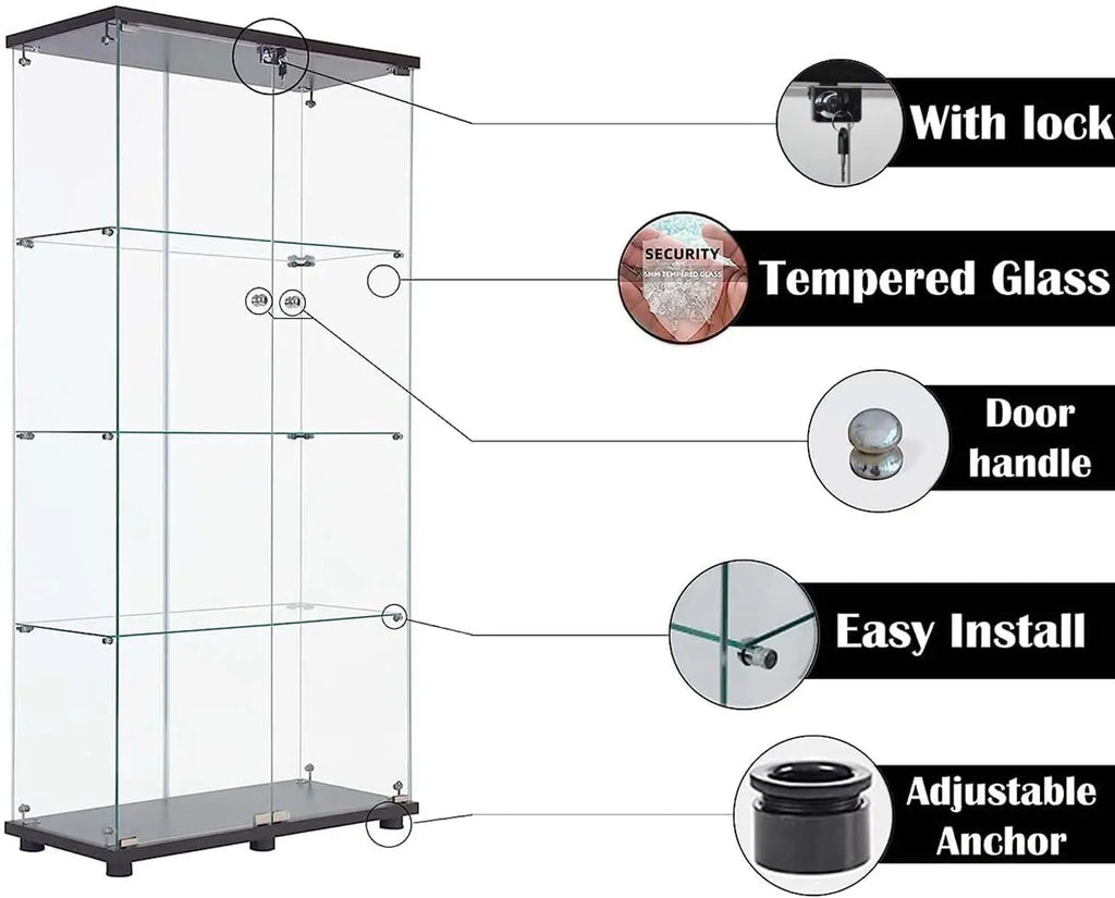 Glass Display Cabinet 4-Shelf with Double Door, Curio Display Cabinet with 5mm Tempered Glass, Floor Standing, Customized