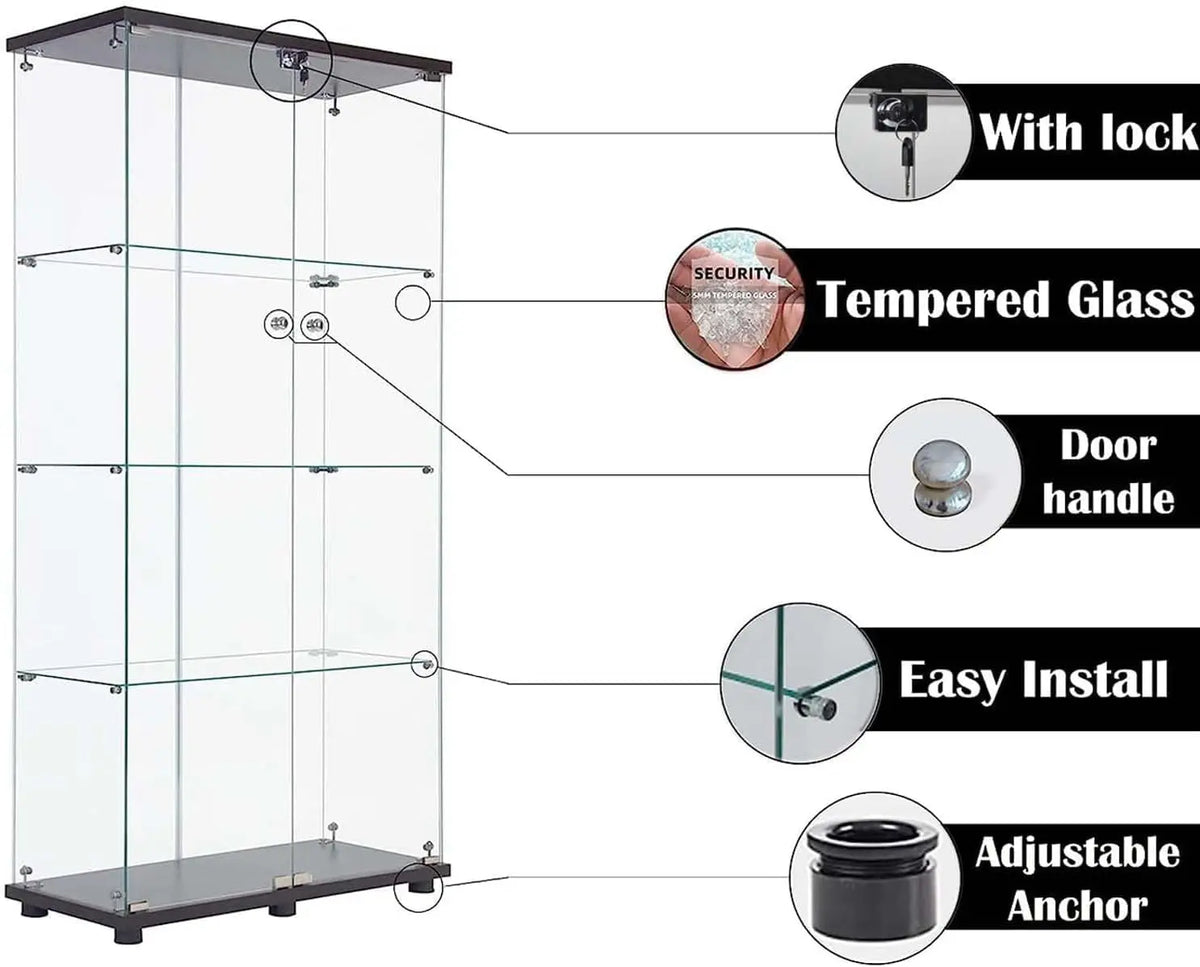 Glass Display Cabinet 4-Shelf with Double Door, Curio Display Cabinet with 5mm Tempered Glass, Floor Standing, Customized