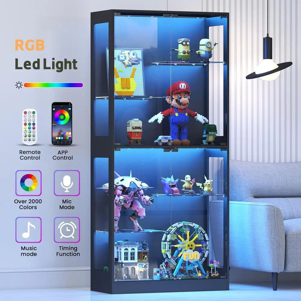 Display Cabinet with Glass Doors 69 Curio Cabinet for Collectibles with RGB LED Lights and Adjustable Shelves, Glass Display Ca