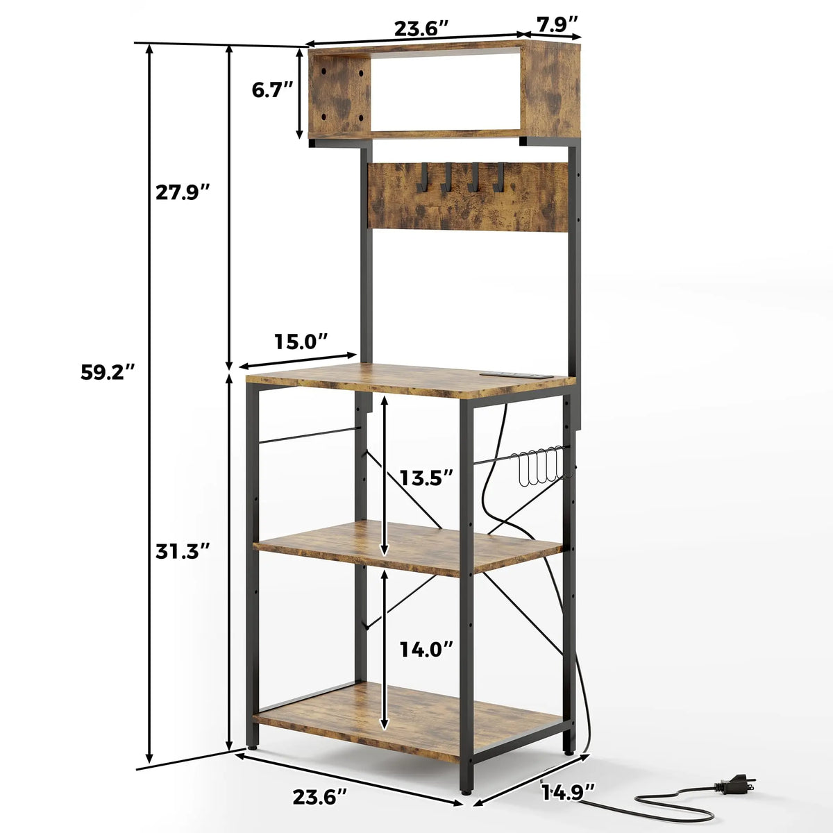 Baker's Rack For Kitchen With Outlet, 6-Tier Microwave Stand With Adjustable Shelves, 10 Hooks, Coffee Bar Storage