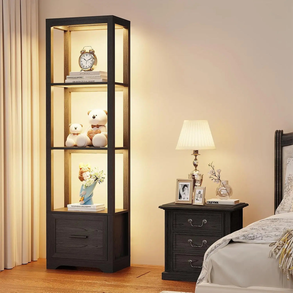 3-Color LED Display Shelf with Drawer, Dimmable Bookshelf for Collectibles, Books, Trophies, Black