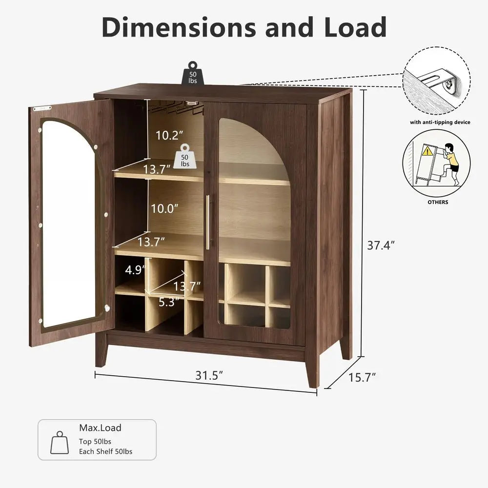 Tall Storage Cabinet Fluted Pantry Cabinets with Glass Doors, Wooden Kitchen Food Cupboard, Adjustable Shelves, Modern Display