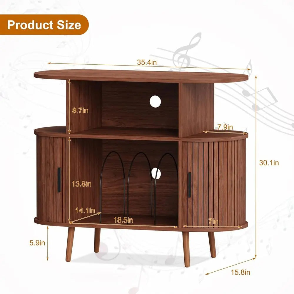 Large Round Vinyl Storage Cabinet for 150+ Records, Living Room/Bedroom Media Stand with Display Shelf in Walnut