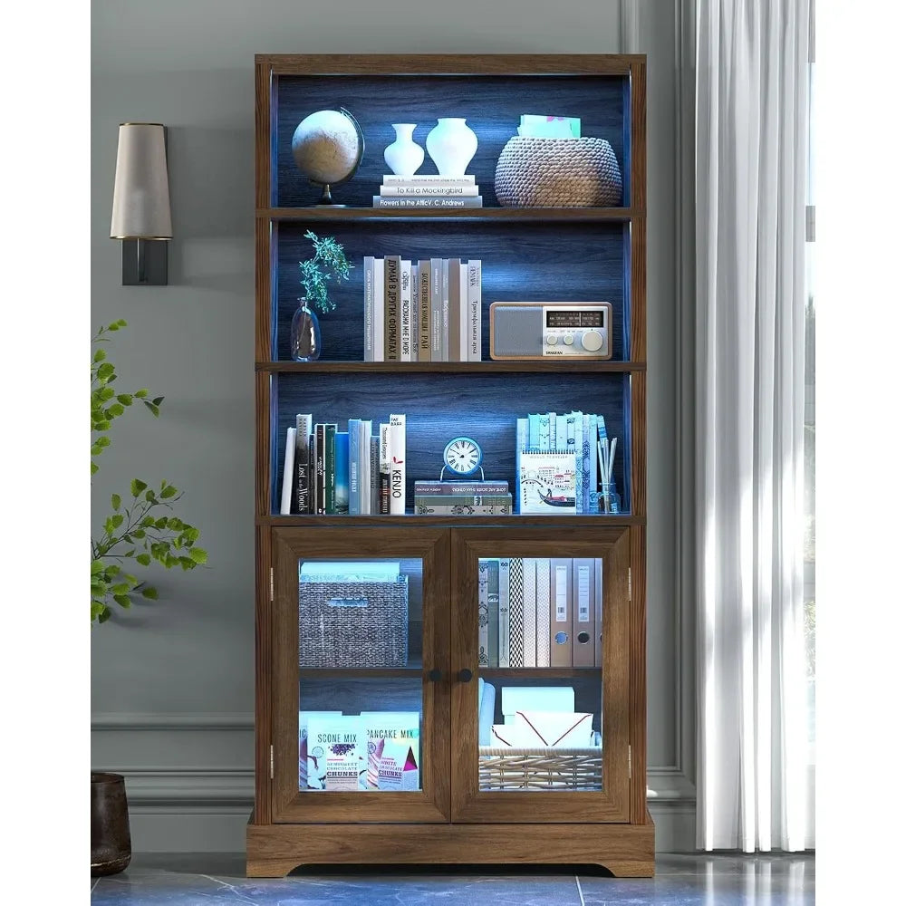 65" 5-Tier Bookshelf with Multi-Color Ambient Lights & APP Control, Tall Display Shelf with Doors, Rustic Brown for Living Room, Bedroom, Study