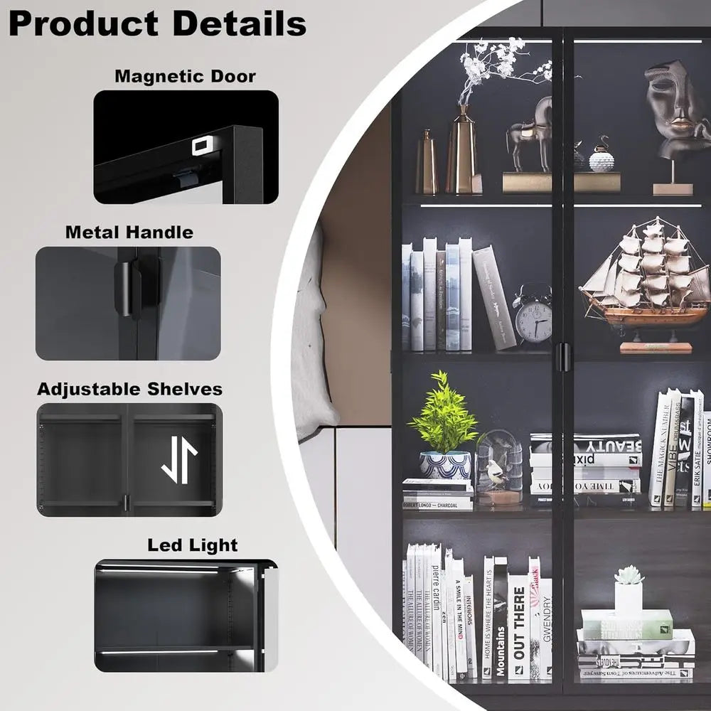 63 Tall Glass Display Cabinet with LED Lights, Adjustable Shelves for Collectibles, Suitable for Living Room, Bedroom, Office