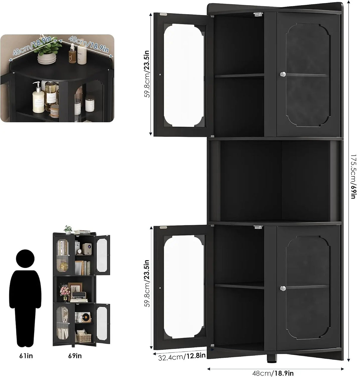69" Tall Corner Storage Cabinet with Glass Doors, 5-Tier Display Shelf for Small Spaces, Modern Bookshelf for Living Room, Home Office, Kitchen, Black