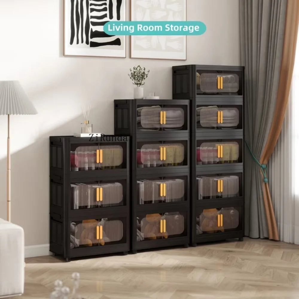Plastic folding storage cabinet, 4-layer foldable storage box with magnetic doors and wheels, bedroom foldable closet, black -4 layers（