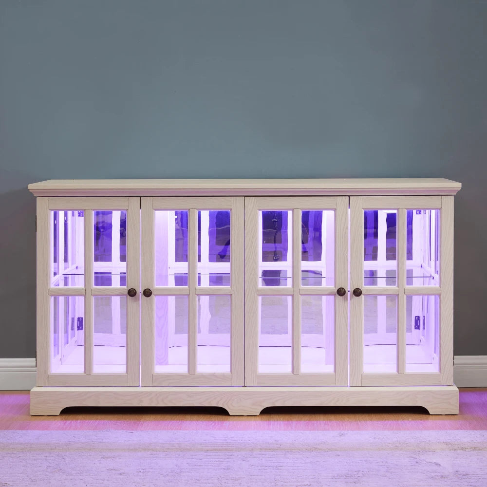 LED Curio Display Cabinet Vintage Showcase with Glass Doors Adjustable Shelves for Home Office Four Door Design
