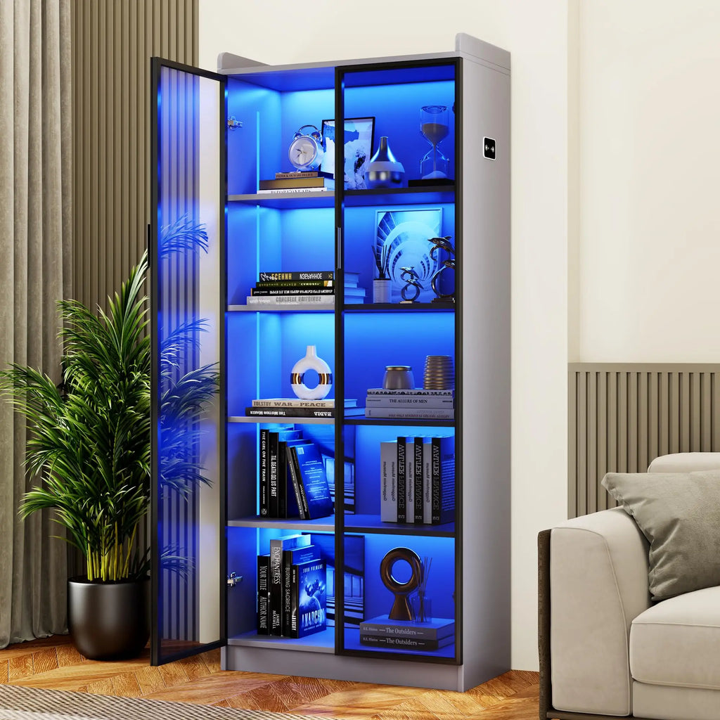 65 Inch Tall Display Cabinet With Glass Doors LED Lighting Adjustable Shelves 5 Tier Bookcase For Living Room Bedroom Office