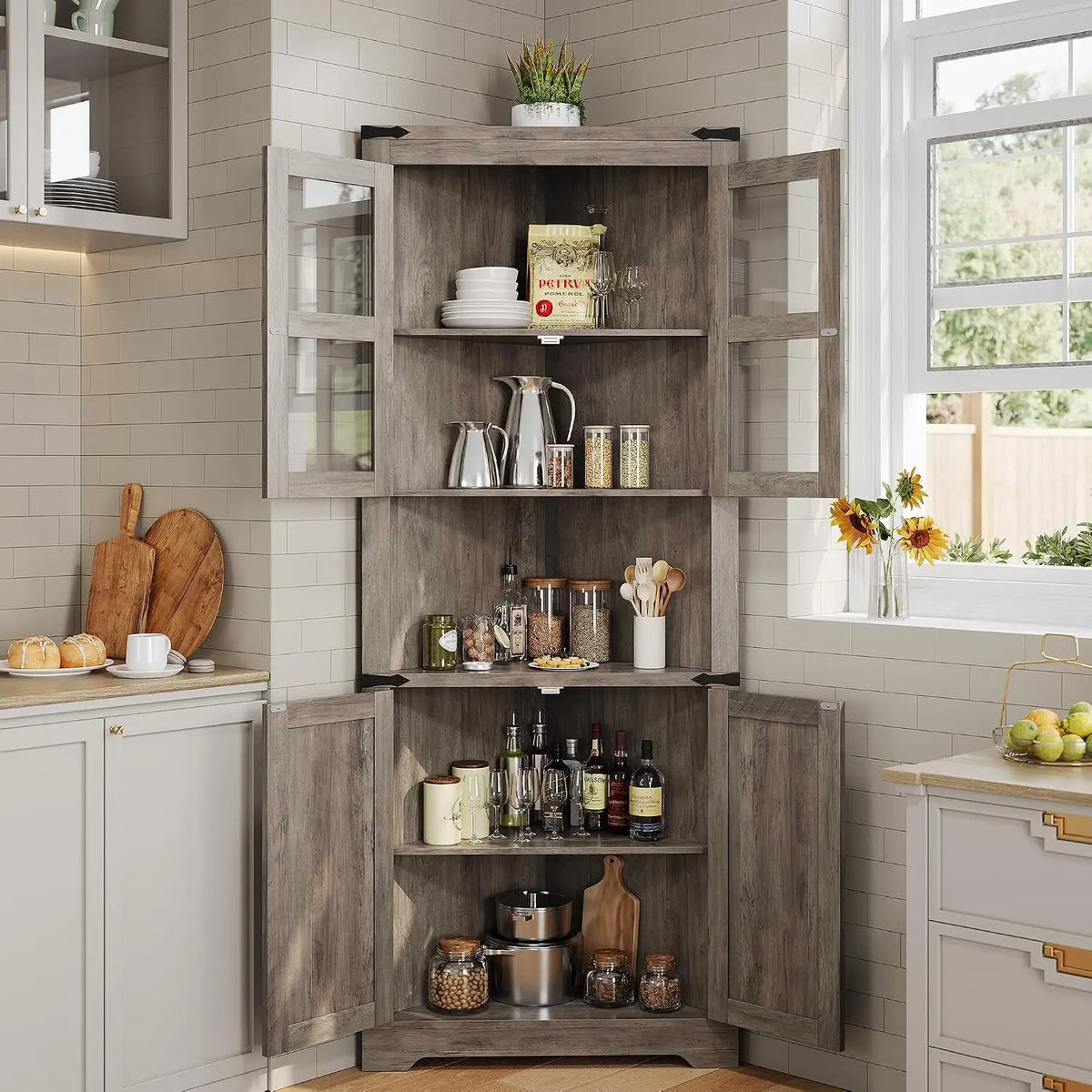 Tall Corner Storage Cabinet with Lights, Farmhouse Hutch Display, Glass Doors, Wood Organizer for Kitchen Living Room, Washed Grey