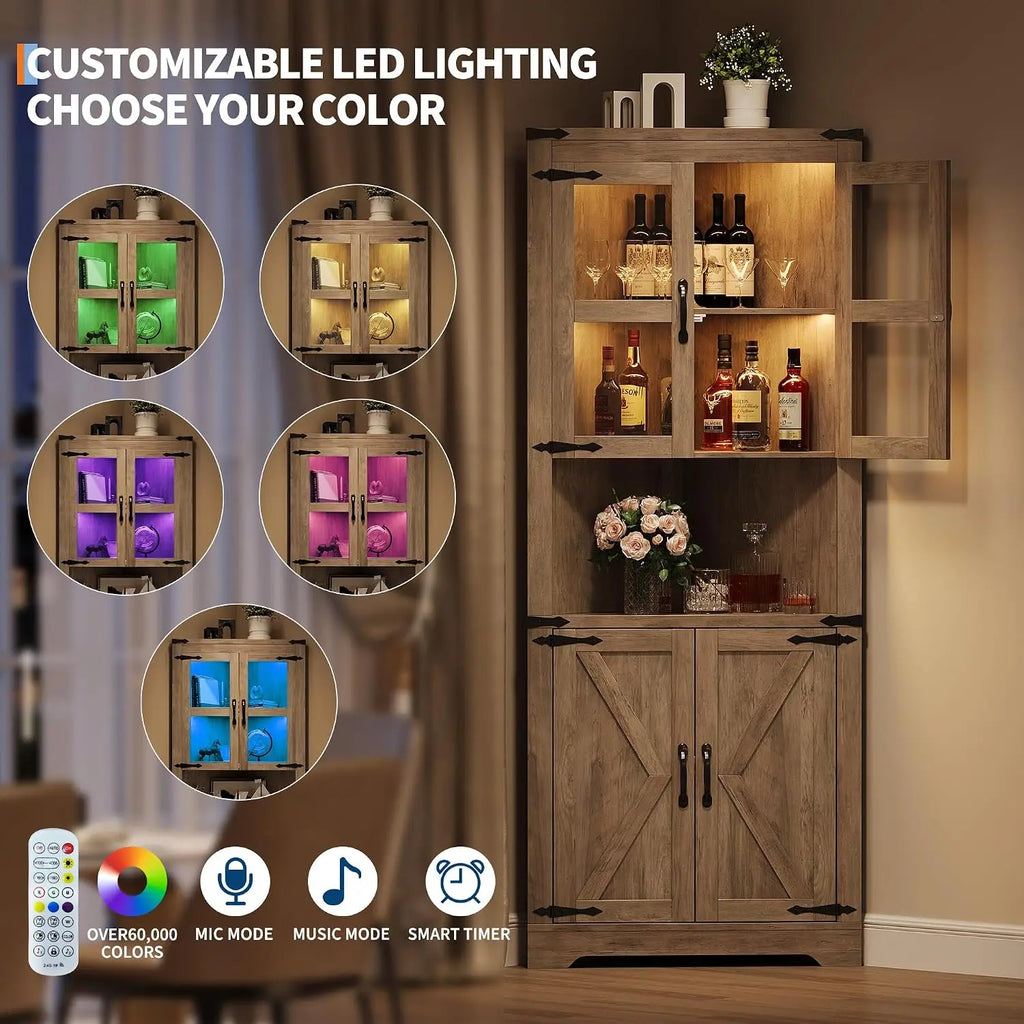 Tall Corner Storage Cabinet with Lights, Farmhouse Hutch Display, Glass Doors, Wood Organizer for Kitchen Living Room, Washed Grey