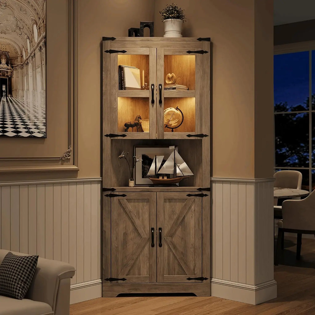 Tall Corner Storage Cabinet with Lights, Farmhouse Hutch Display, Glass Doors, Wood Organizer for Kitchen Living Room, Washed Grey