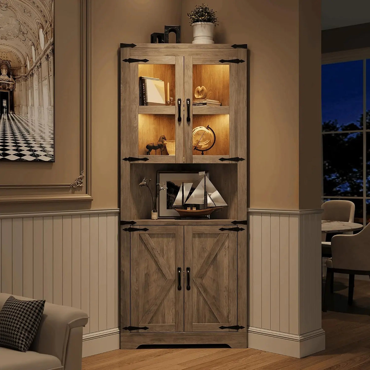 Tall Corner Storage Cabinet with Lights, Farmhouse Hutch Display, Glass Doors, Wood Organizer for Kitchen Living Room, Washed Grey