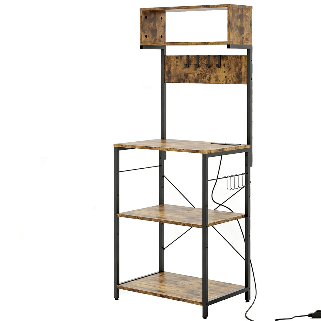 Baker's Rack For Kitchen With Outlet, 6-Tier Microwave Stand With Adjustable Shelves, 10 Hooks, Coffee Bar Storage