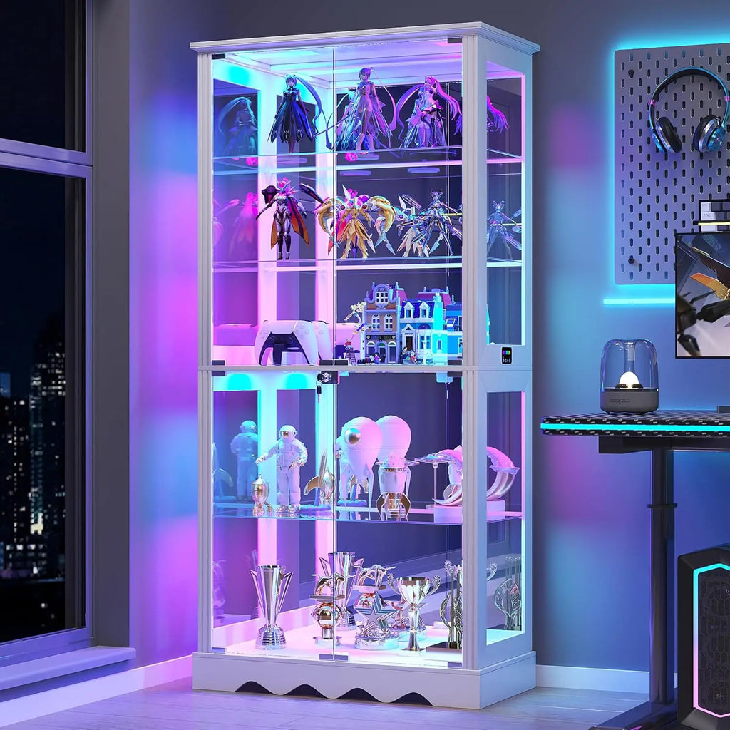 Display Cabinet with Glass Doors, 71'' Tall Curio Cabinet with RGB Lights for Collectibles, LED Display Case with, Customized