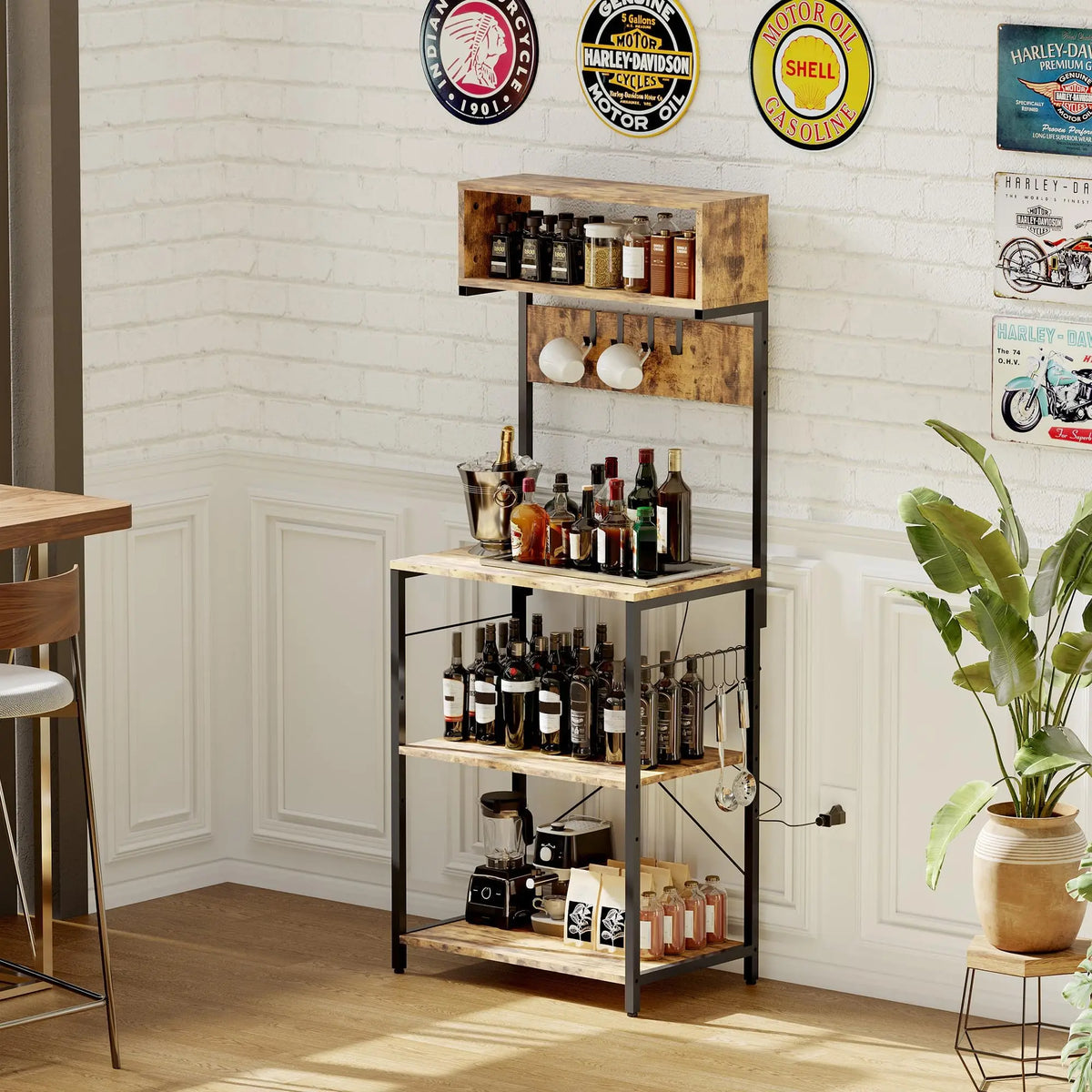 Baker's Rack For Kitchen With Outlet, 6-Tier Microwave Stand With Adjustable Shelves, 10 Hooks, Coffee Bar Storage