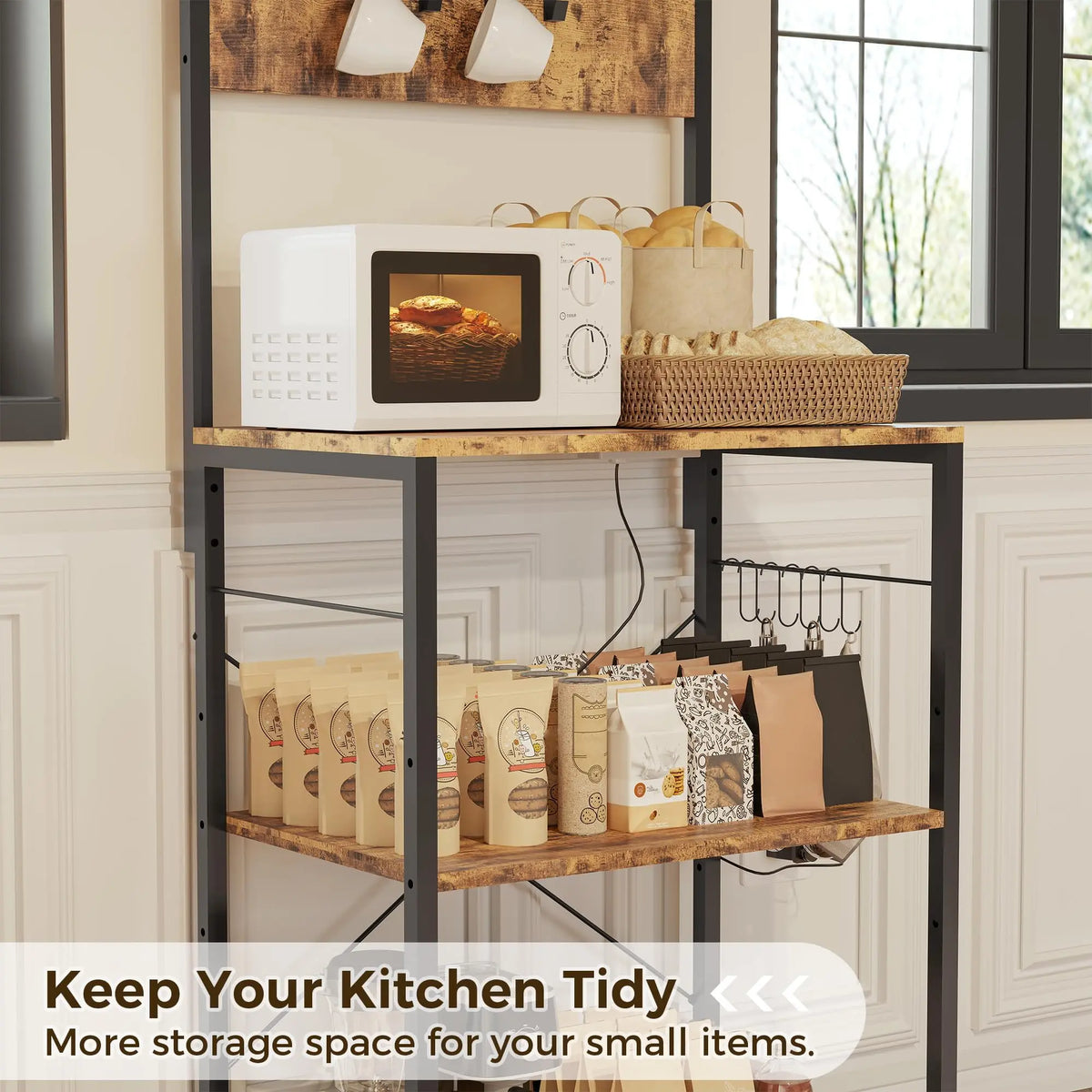 Baker's Rack For Kitchen With Outlet, 6-Tier Microwave Stand With Adjustable Shelves, 10 Hooks, Coffee Bar Storage